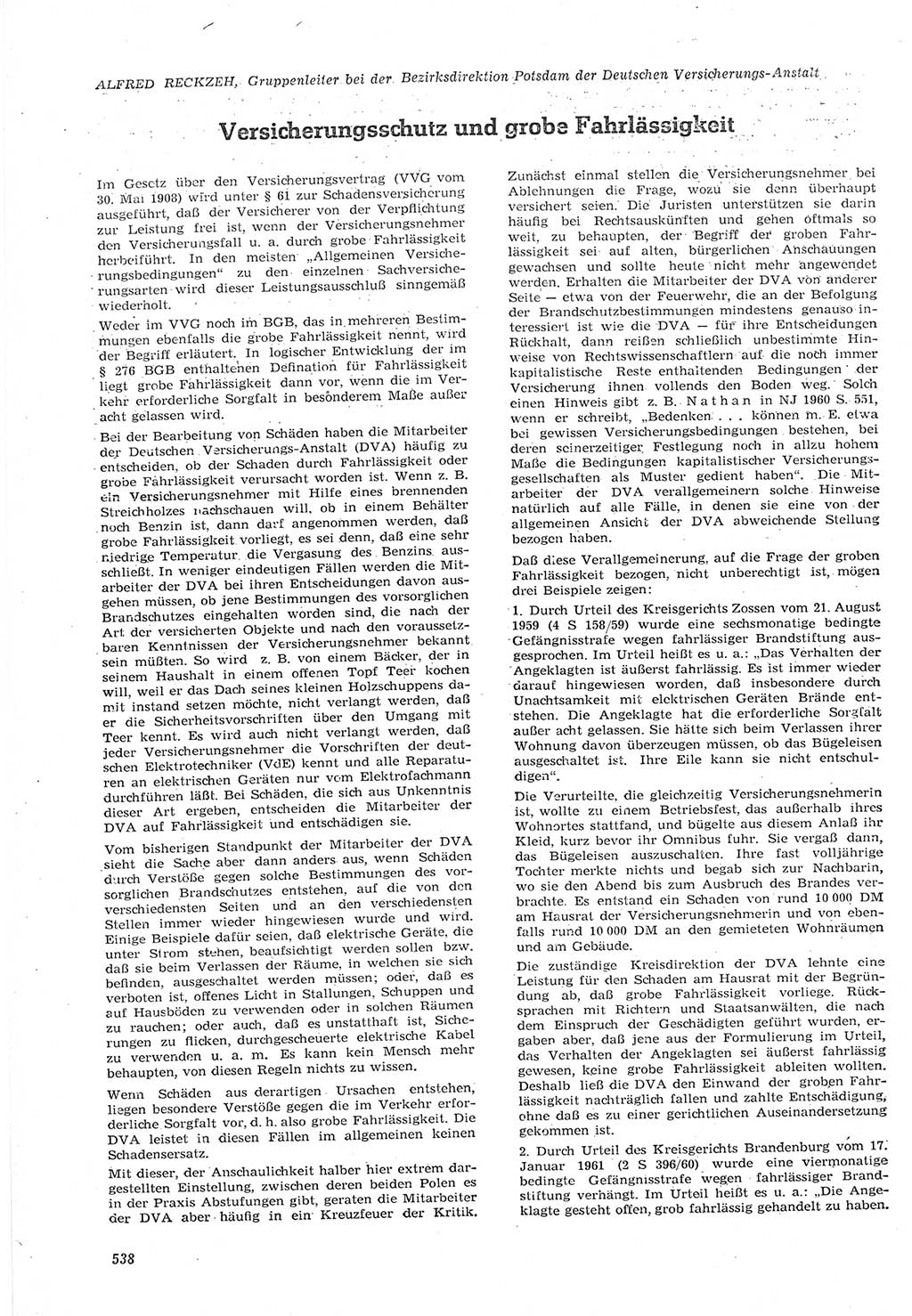Neue Justiz (NJ), Zeitschrift für Recht und Rechtswissenschaft [Deutsche Demokratische Republik (DDR)], 15. Jahrgang 1961, Seite 538 (NJ DDR 1961, S. 538)