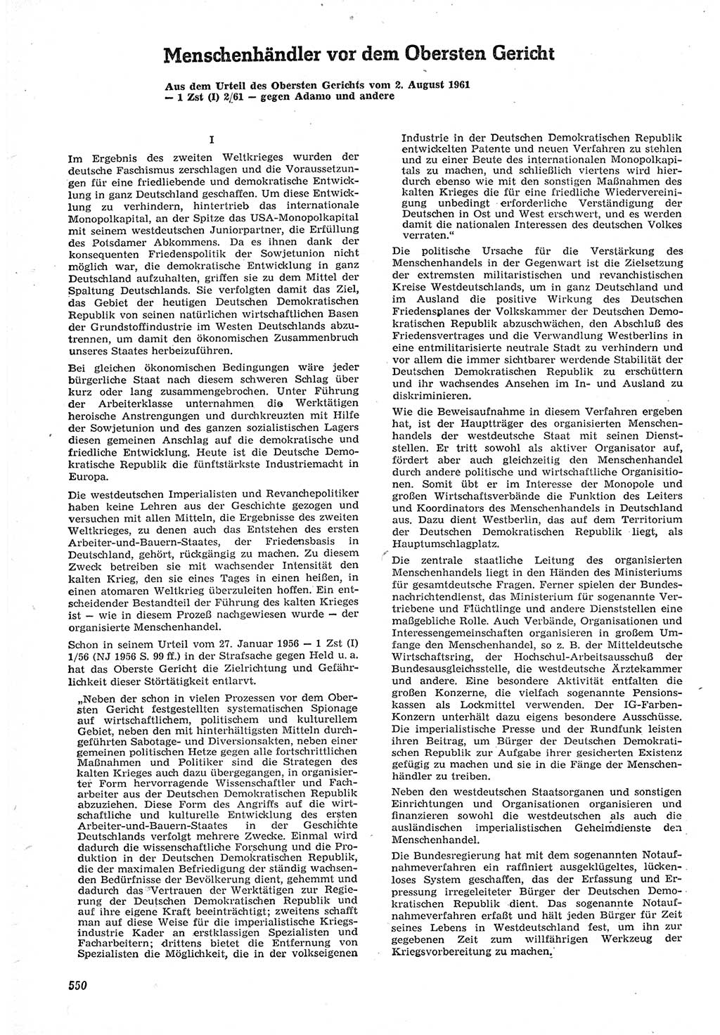Neue Justiz (NJ), Zeitschrift für Recht und Rechtswissenschaft [Deutsche Demokratische Republik (DDR)], 15. Jahrgang 1961, Seite 550 (NJ DDR 1961, S. 550)