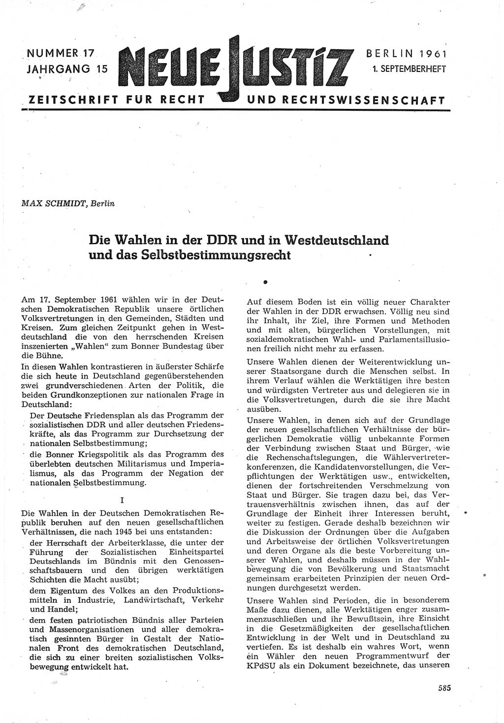 Neue Justiz (NJ), Zeitschrift für Recht und Rechtswissenschaft [Deutsche Demokratische Republik (DDR)], 15. Jahrgang 1961, Seite 585 (NJ DDR 1961, S. 585)