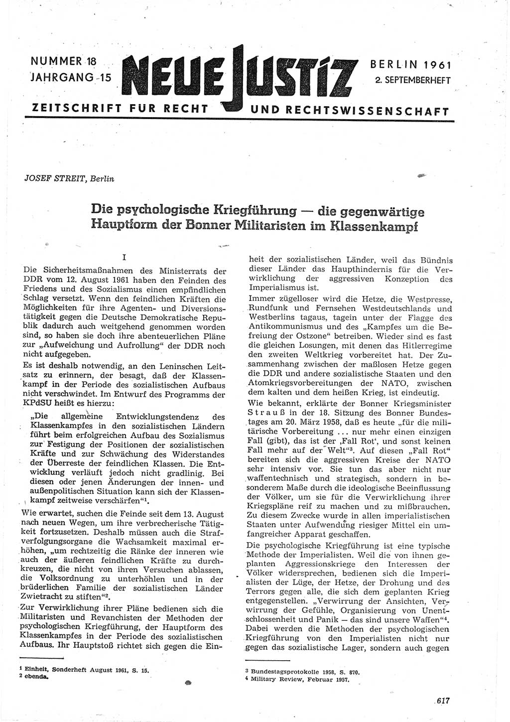 Neue Justiz (NJ), Zeitschrift für Recht und Rechtswissenschaft [Deutsche Demokratische Republik (DDR)], 15. Jahrgang 1961, Seite 617 (NJ DDR 1961, S. 617)
