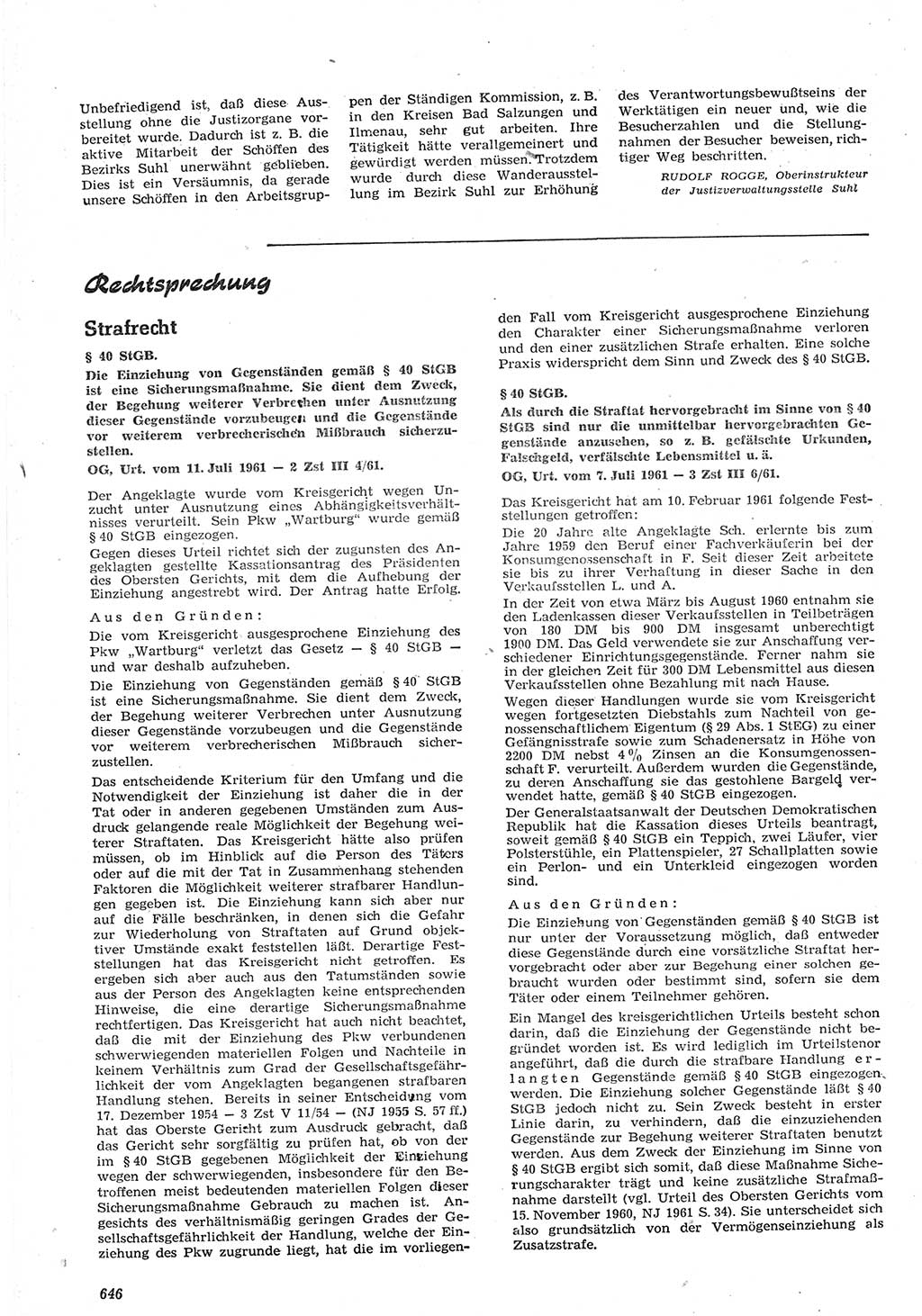 Neue Justiz (NJ), Zeitschrift für Recht und Rechtswissenschaft [Deutsche Demokratische Republik (DDR)], 15. Jahrgang 1961, Seite 646 (NJ DDR 1961, S. 646)