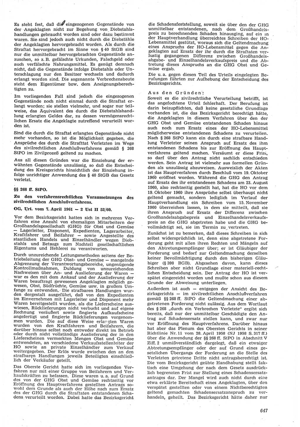 Neue Justiz (NJ), Zeitschrift für Recht und Rechtswissenschaft [Deutsche Demokratische Republik (DDR)], 15. Jahrgang 1961, Seite 647 (NJ DDR 1961, S. 647)