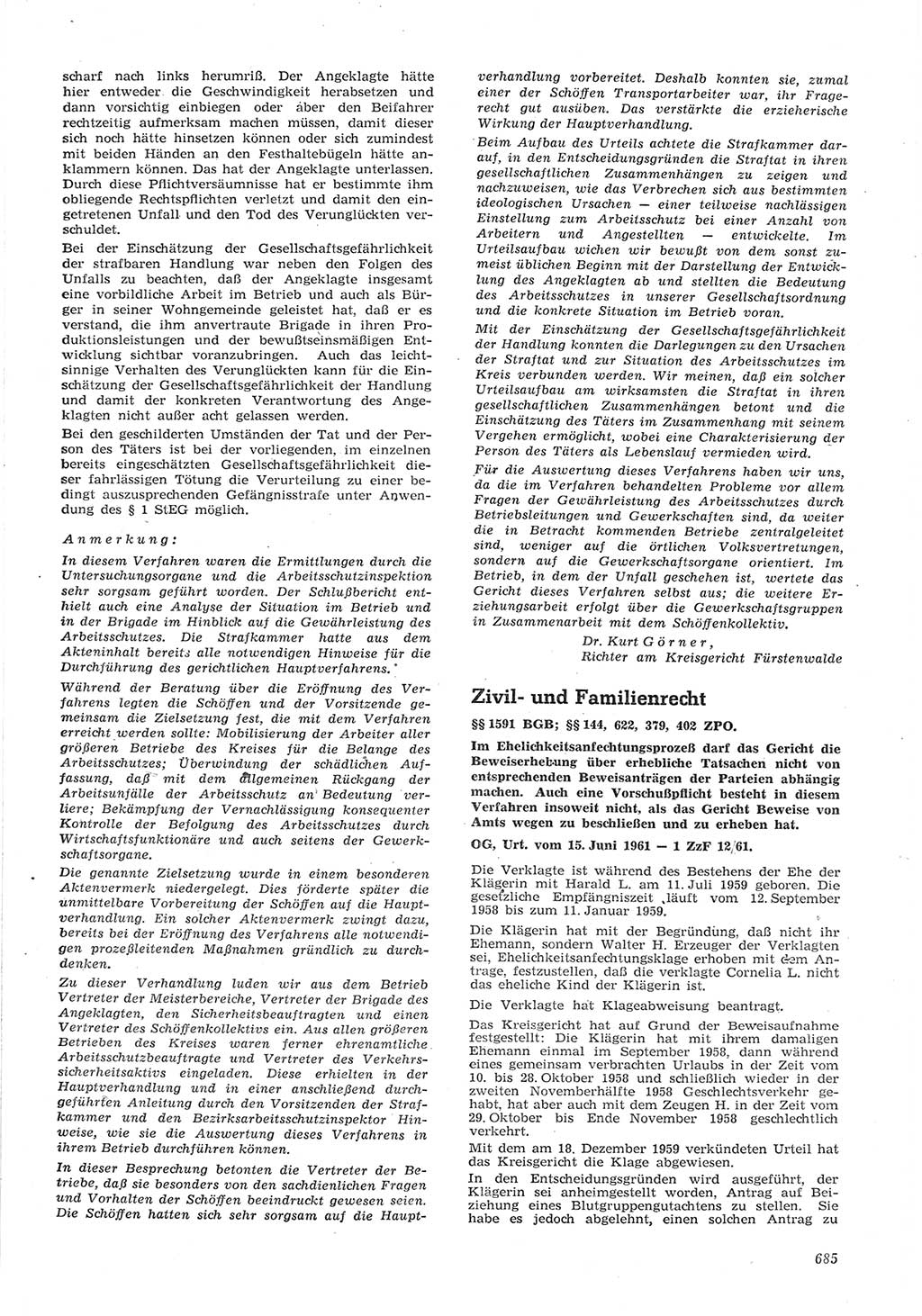 Neue Justiz (NJ), Zeitschrift für Recht und Rechtswissenschaft [Deutsche Demokratische Republik (DDR)], 15. Jahrgang 1961, Seite 685 (NJ DDR 1961, S. 685)