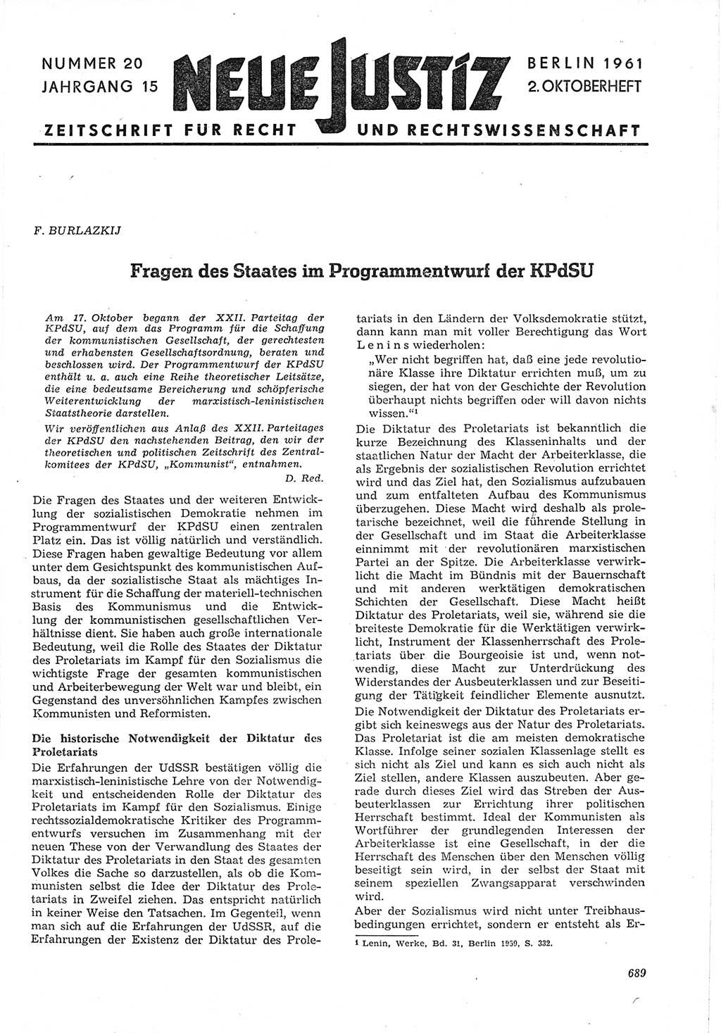 Neue Justiz (NJ), Zeitschrift für Recht und Rechtswissenschaft [Deutsche Demokratische Republik (DDR)], 15. Jahrgang 1961, Seite 689 (NJ DDR 1961, S. 689)
