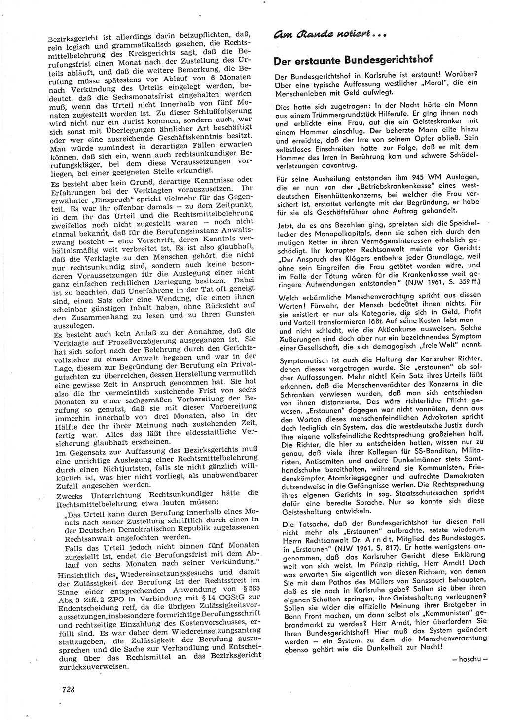 Neue Justiz (NJ), Zeitschrift für Recht und Rechtswissenschaft [Deutsche Demokratische Republik (DDR)], 15. Jahrgang 1961, Seite 728 (NJ DDR 1961, S. 728)