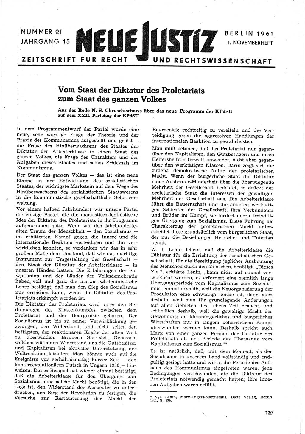 Neue Justiz (NJ), Zeitschrift für Recht und Rechtswissenschaft [Deutsche Demokratische Republik (DDR)], 15. Jahrgang 1961, Seite 729 (NJ DDR 1961, S. 729)