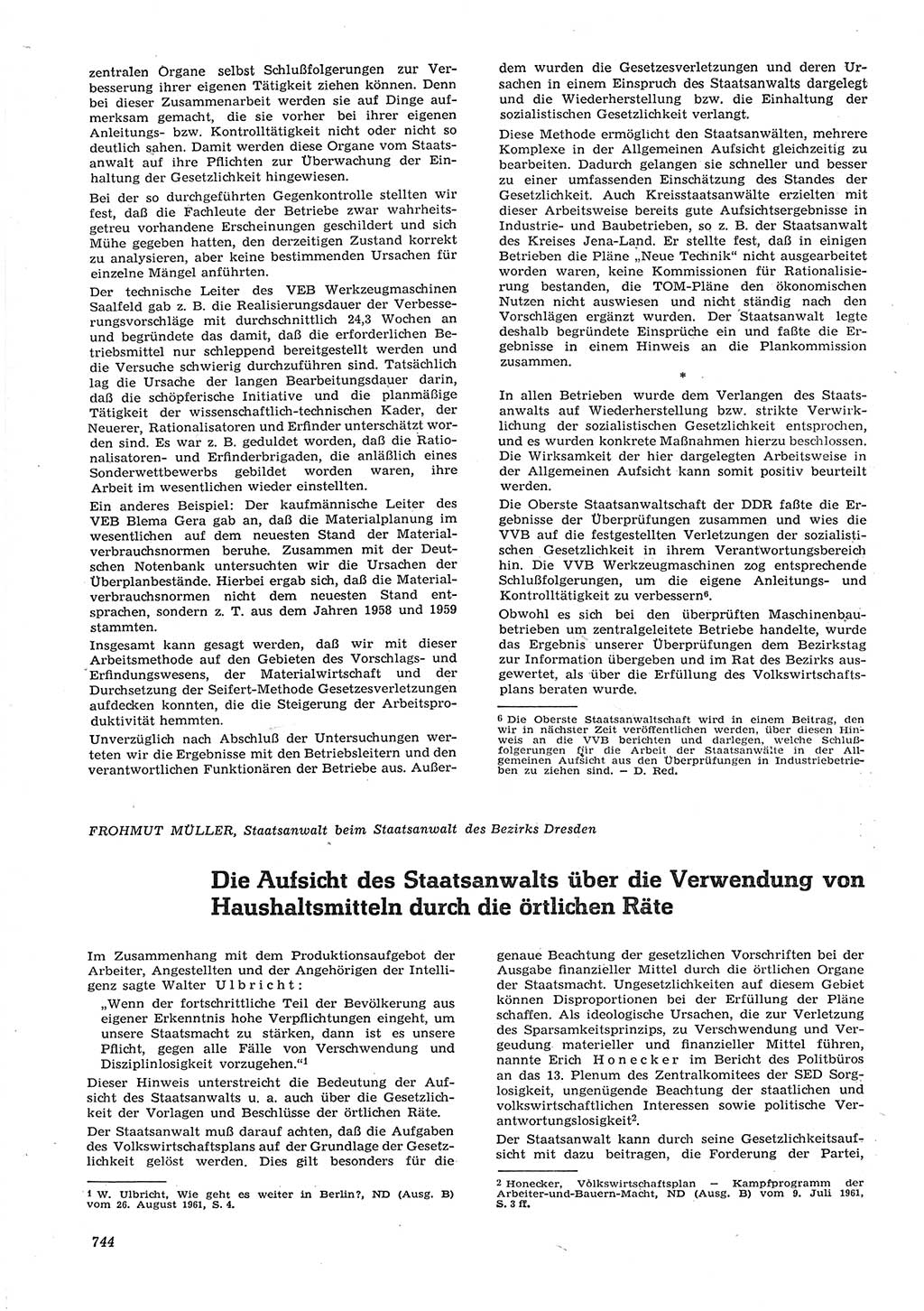 Neue Justiz (NJ), Zeitschrift für Recht und Rechtswissenschaft [Deutsche Demokratische Republik (DDR)], 15. Jahrgang 1961, Seite 744 (NJ DDR 1961, S. 744)