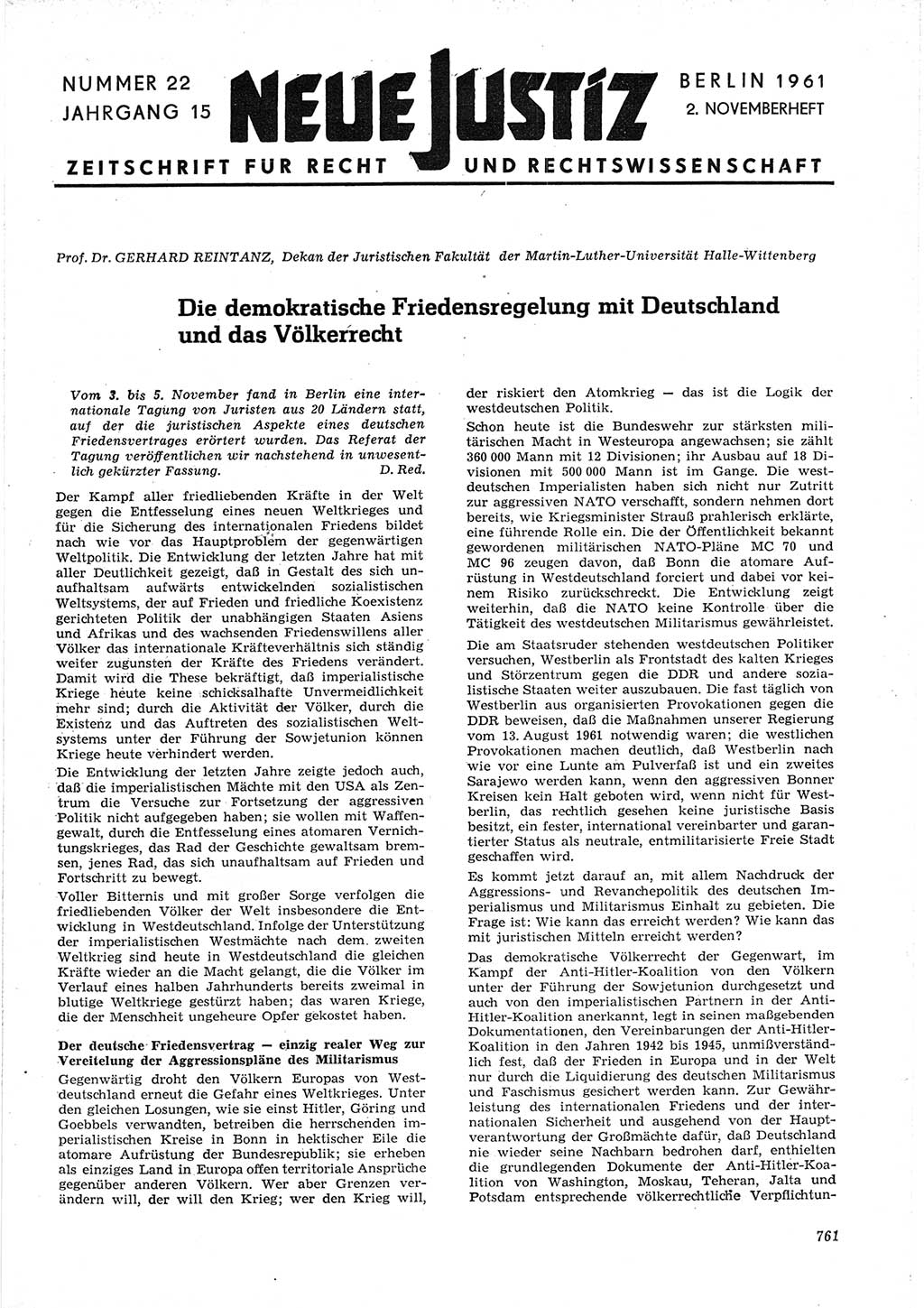 Neue Justiz (NJ), Zeitschrift für Recht und Rechtswissenschaft [Deutsche Demokratische Republik (DDR)], 15. Jahrgang 1961, Seite 761 (NJ DDR 1961, S. 761)