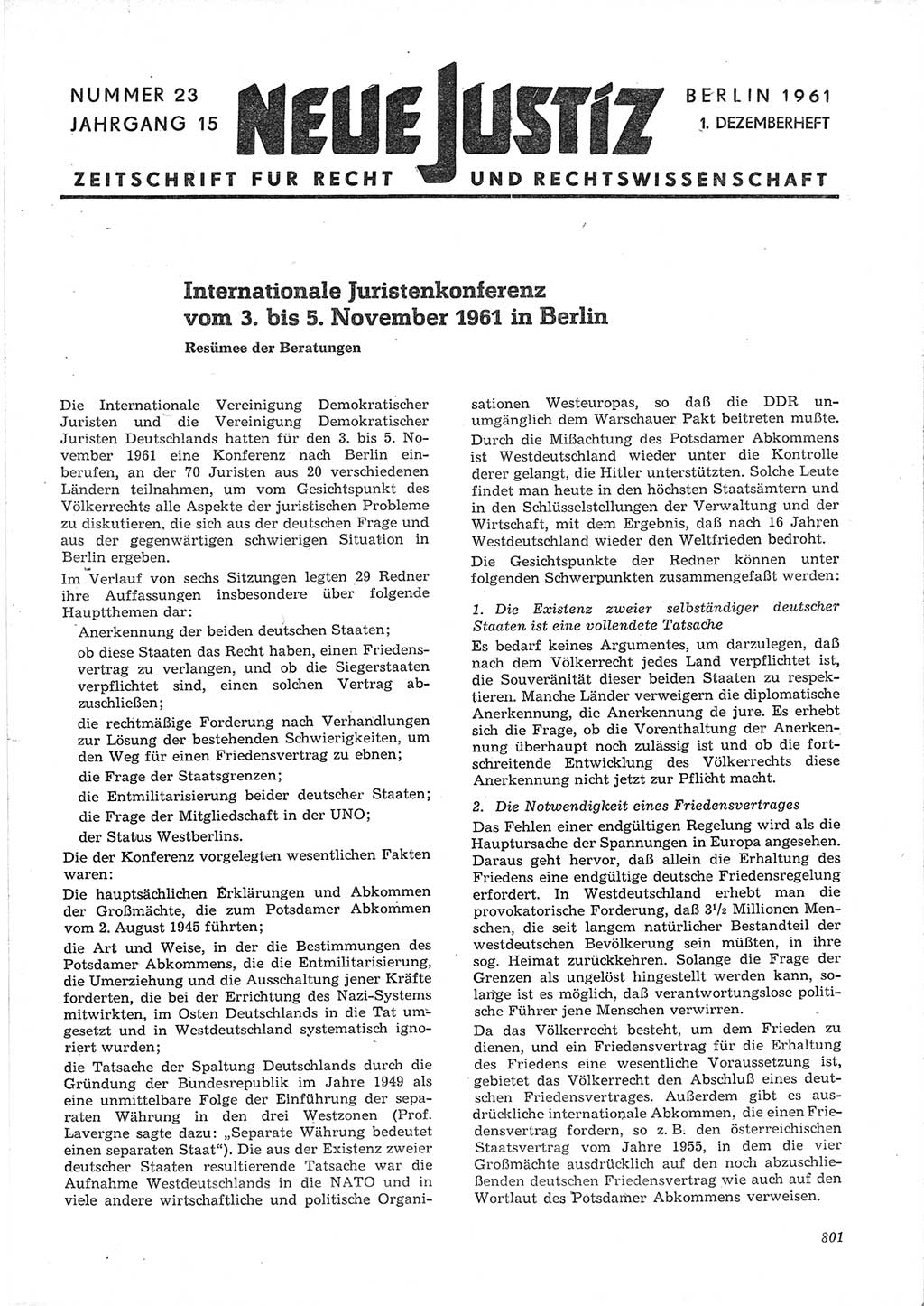 Neue Justiz (NJ), Zeitschrift für Recht und Rechtswissenschaft [Deutsche Demokratische Republik (DDR)], 15. Jahrgang 1961, Seite 801 (NJ DDR 1961, S. 801)
