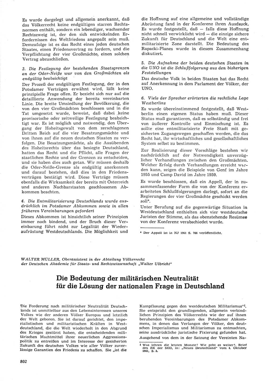 Neue Justiz (NJ), Zeitschrift für Recht und Rechtswissenschaft [Deutsche Demokratische Republik (DDR)], 15. Jahrgang 1961, Seite 802 (NJ DDR 1961, S. 802)