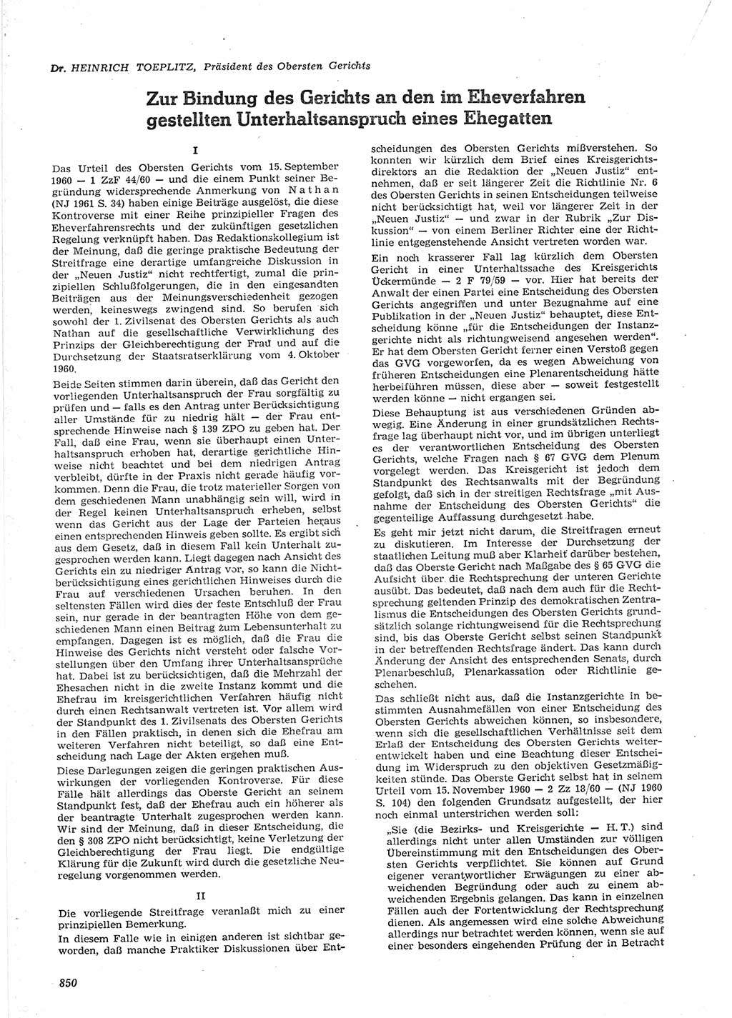 Neue Justiz (NJ), Zeitschrift für Recht und Rechtswissenschaft [Deutsche Demokratische Republik (DDR)], 15. Jahrgang 1961, Seite 850 (NJ DDR 1961, S. 850)