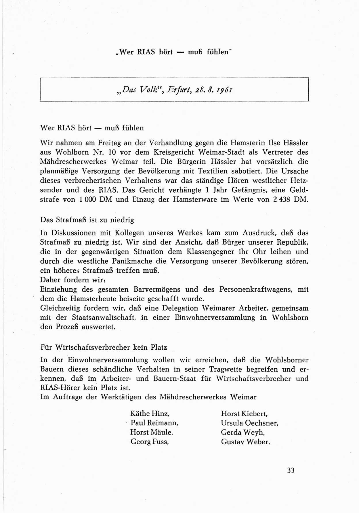 Dokumente des Unrechts, das SED-Regime [Deutsche Demokratische Republik (DDR)] in der Praxis, fÃ¼nfte Folge, herausgegeben vom Bundesministerium fÃ¼r gesamtdeutsche Fragen (BMG) [Bundesrepublik Deutschland (BRD)], Bonn und Berlin 1962, Seite 33 (Dok. UnR. SED-Reg. DDR BMG BRD 1962, S. 33)