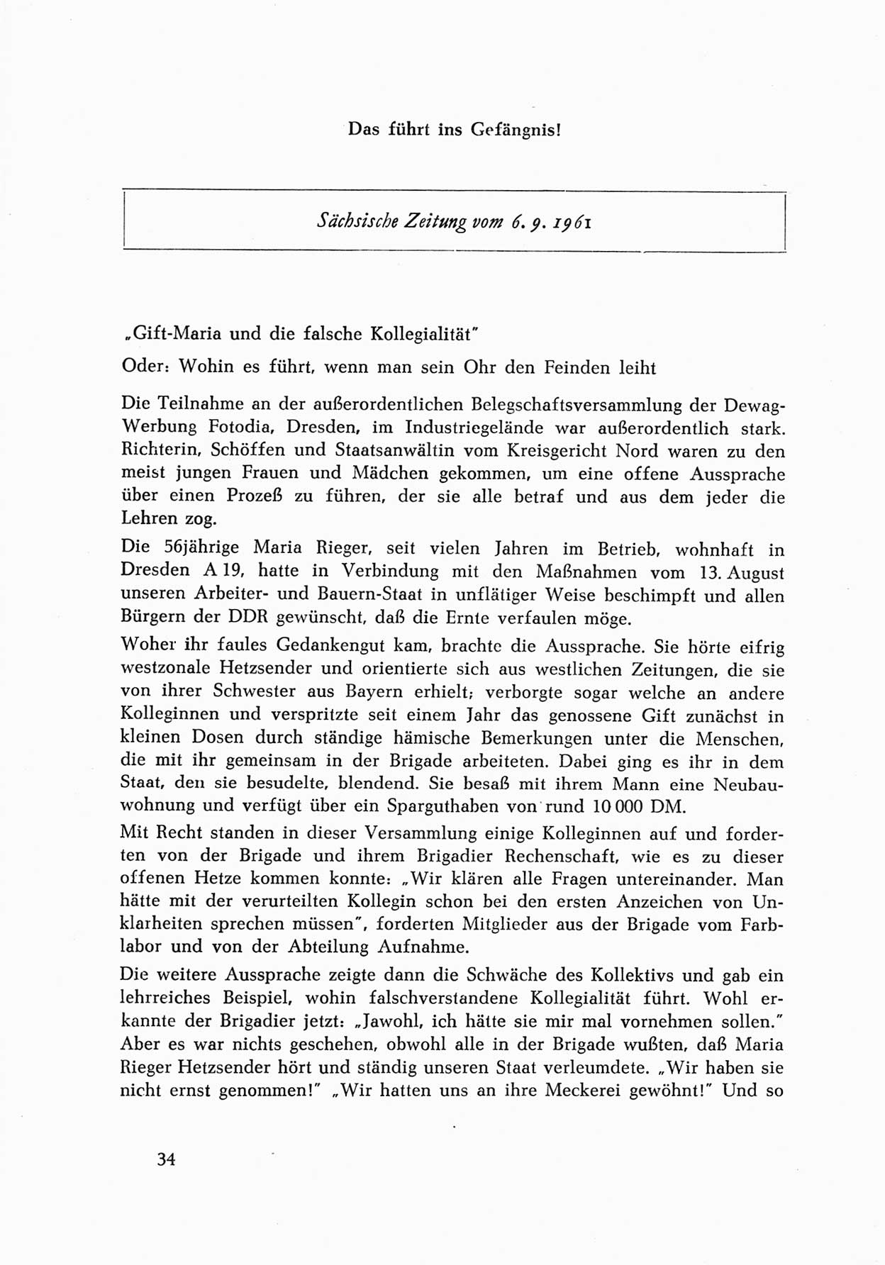 Dokumente des Unrechts, das SED-Regime [Deutsche Demokratische Republik (DDR)] in der Praxis, fünfte Folge, herausgegeben vom Bundesministerium für gesamtdeutsche Fragen (BMG) [Bundesrepublik Deutschland (BRD)], Bonn und Berlin 1962, Seite 34 (Dok. UnR. SED-Reg. DDR BMG BRD 1962, S. 34)