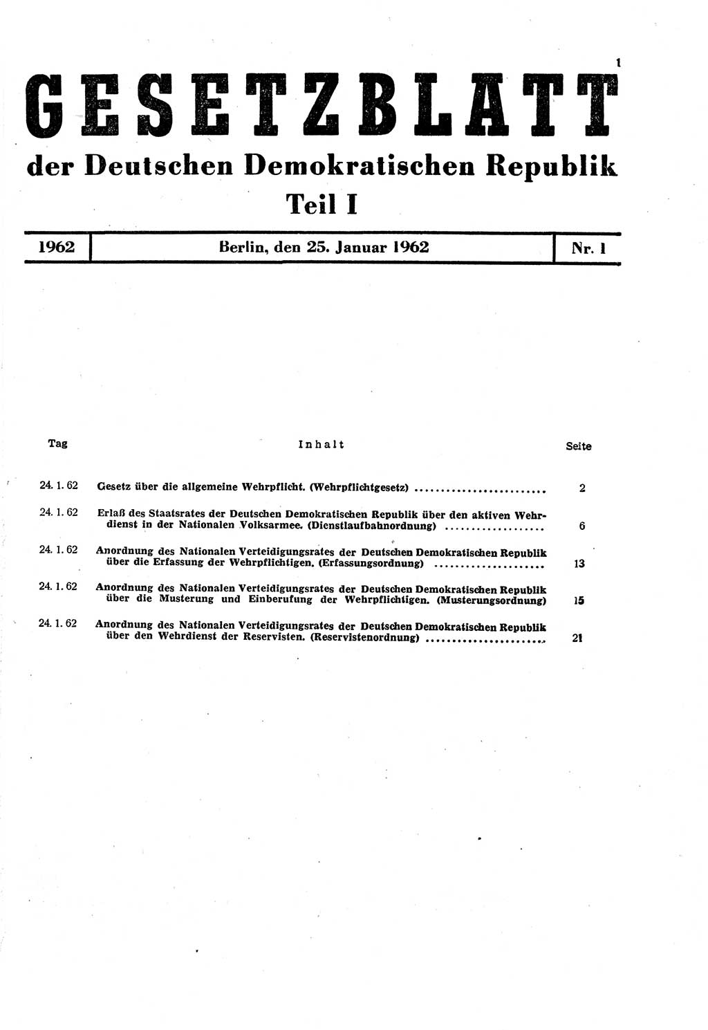 Gesetzblatt (GBl.) der Deutschen Demokratischen Republik (DDR) Teil Ⅰ 1962, Seite 1 (GBl. DDR Ⅰ 1962, S. 1)