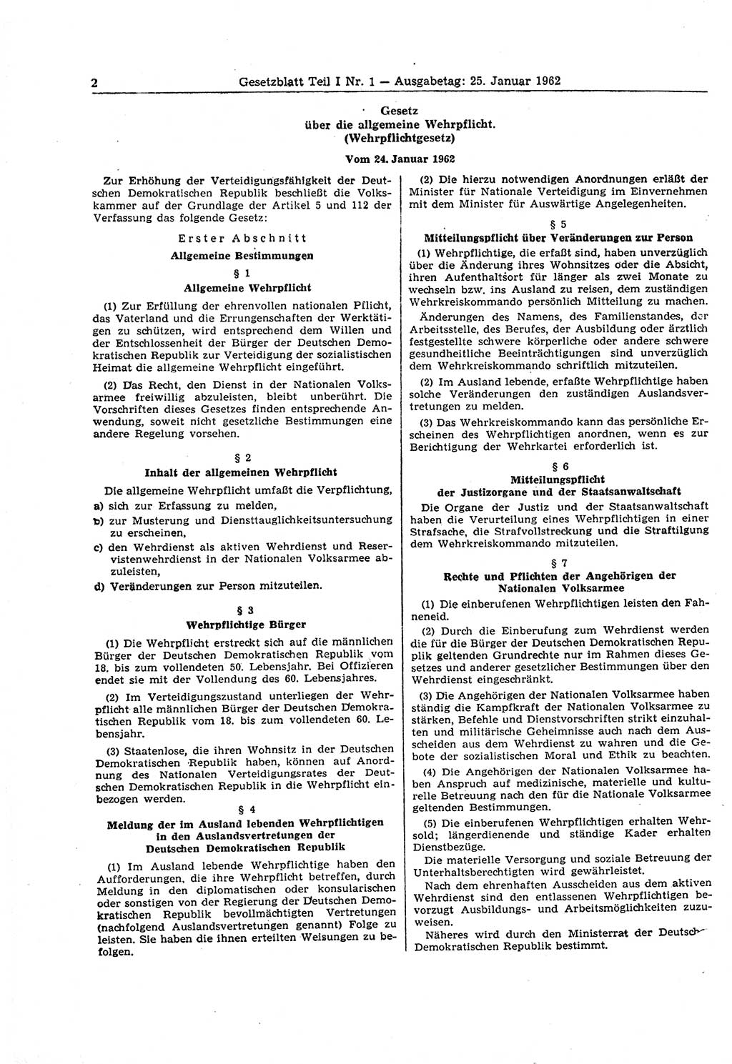 Gesetzblatt (GBl.) der Deutschen Demokratischen Republik (DDR) Teil Ⅰ 1962, Seite 2 (GBl. DDR Ⅰ 1962, S. 2)