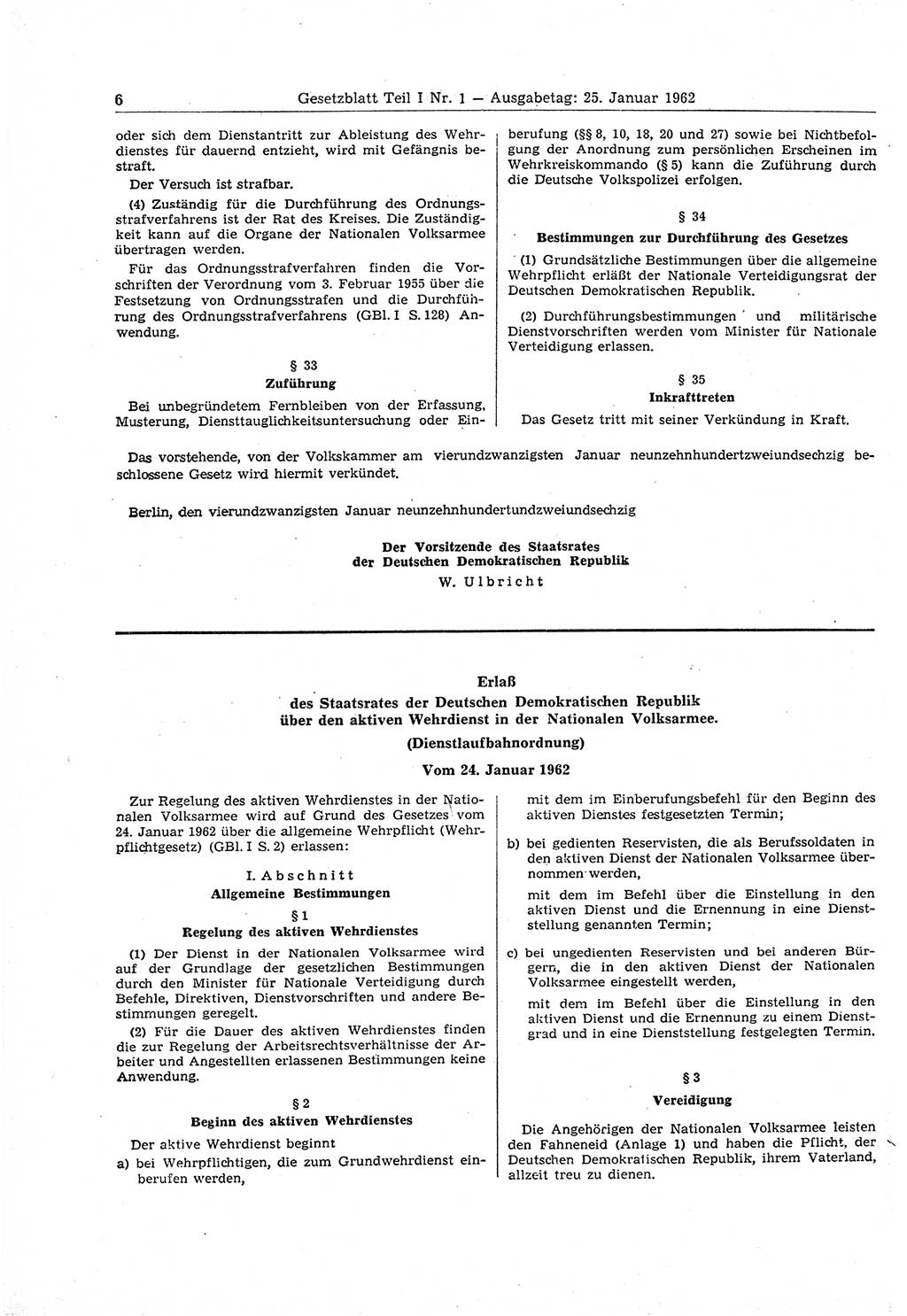 Gesetzblatt (GBl.) der Deutschen Demokratischen Republik (DDR) Teil Ⅰ 1962, Seite 6 (GBl. DDR Ⅰ 1962, S. 6)