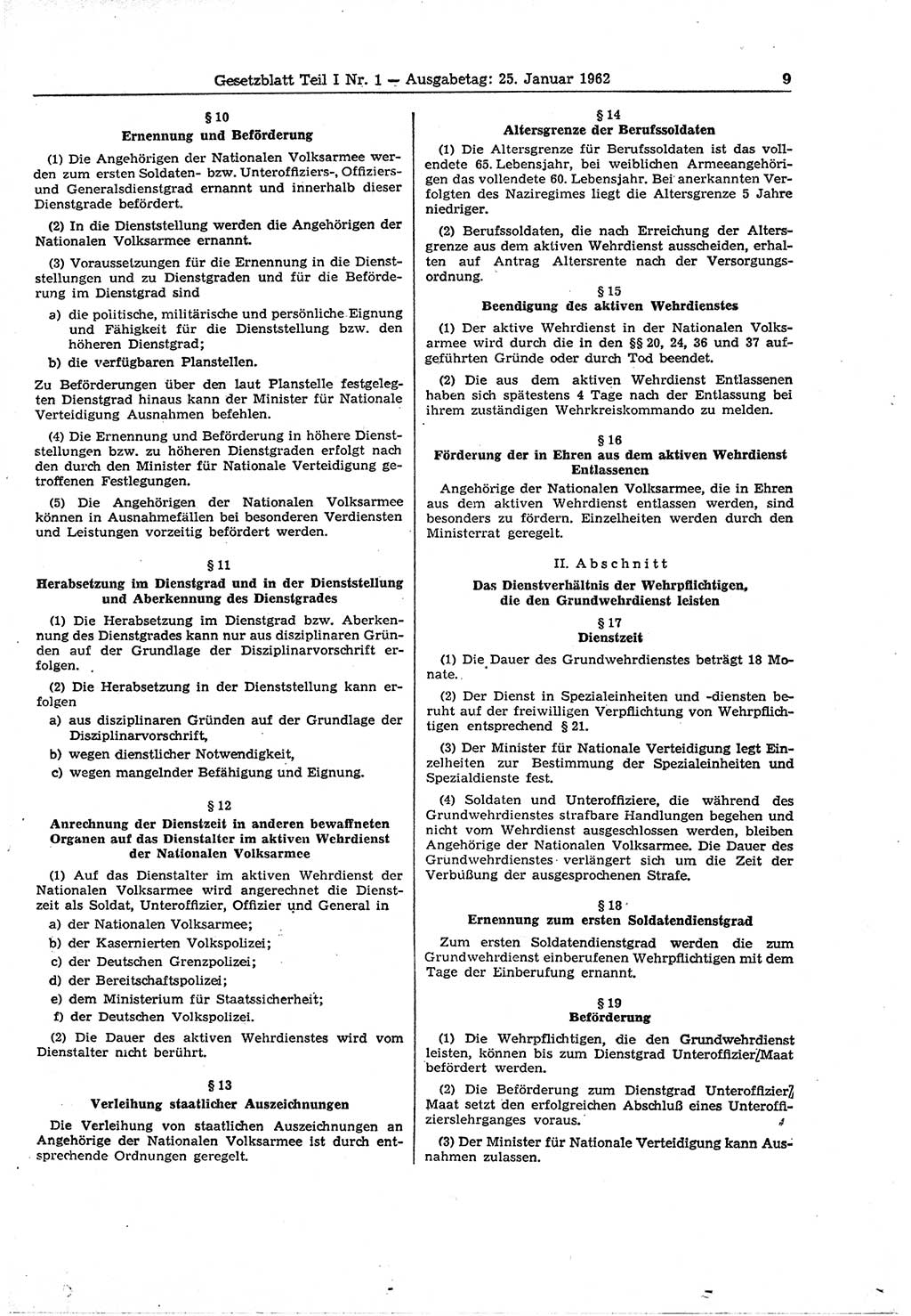 Gesetzblatt (GBl.) der Deutschen Demokratischen Republik (DDR) Teil Ⅰ 1962, Seite 9 (GBl. DDR Ⅰ 1962, S. 9)