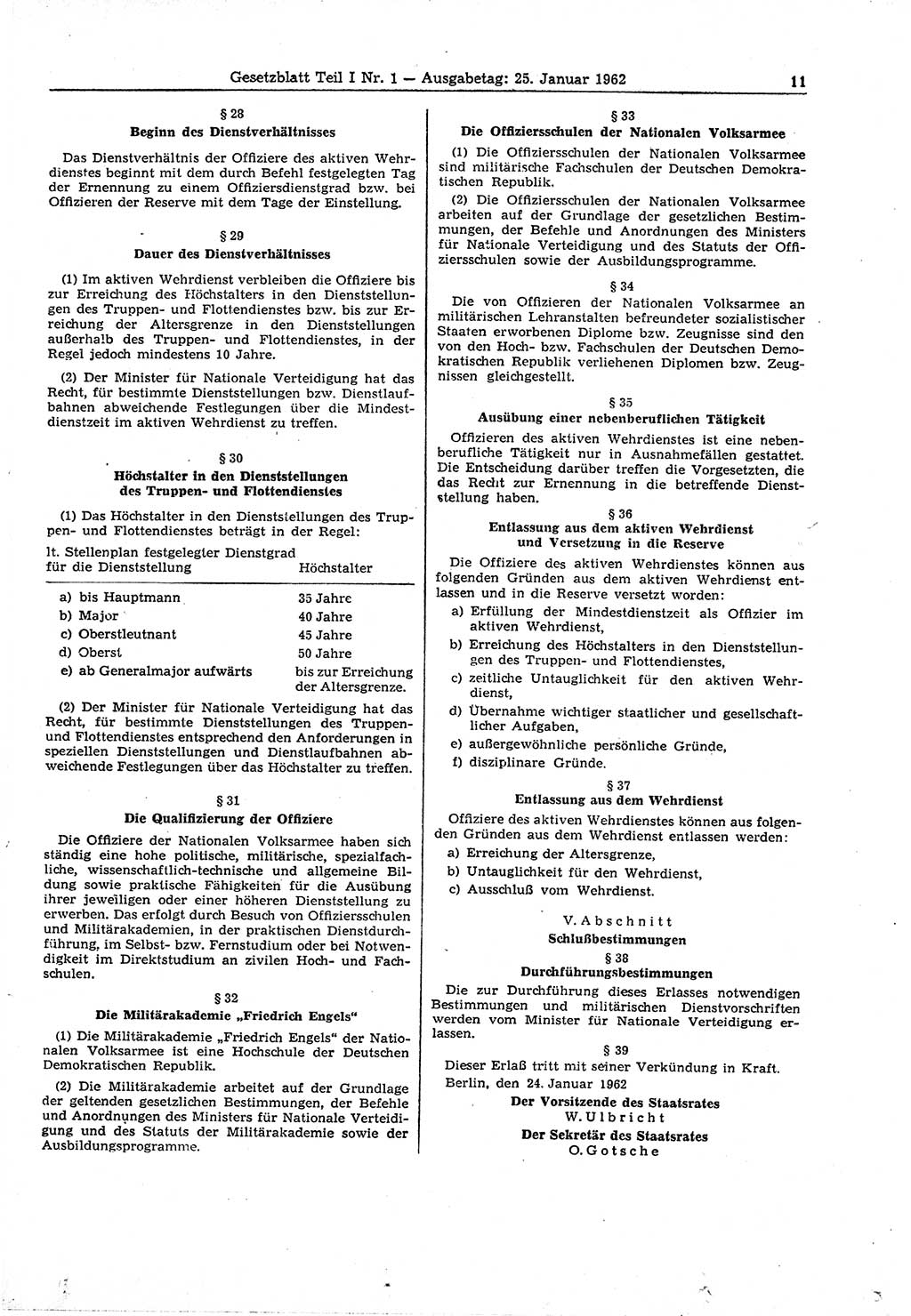 Gesetzblatt (GBl.) der Deutschen Demokratischen Republik (DDR) Teil Ⅰ 1962, Seite 11 (GBl. DDR Ⅰ 1962, S. 11)