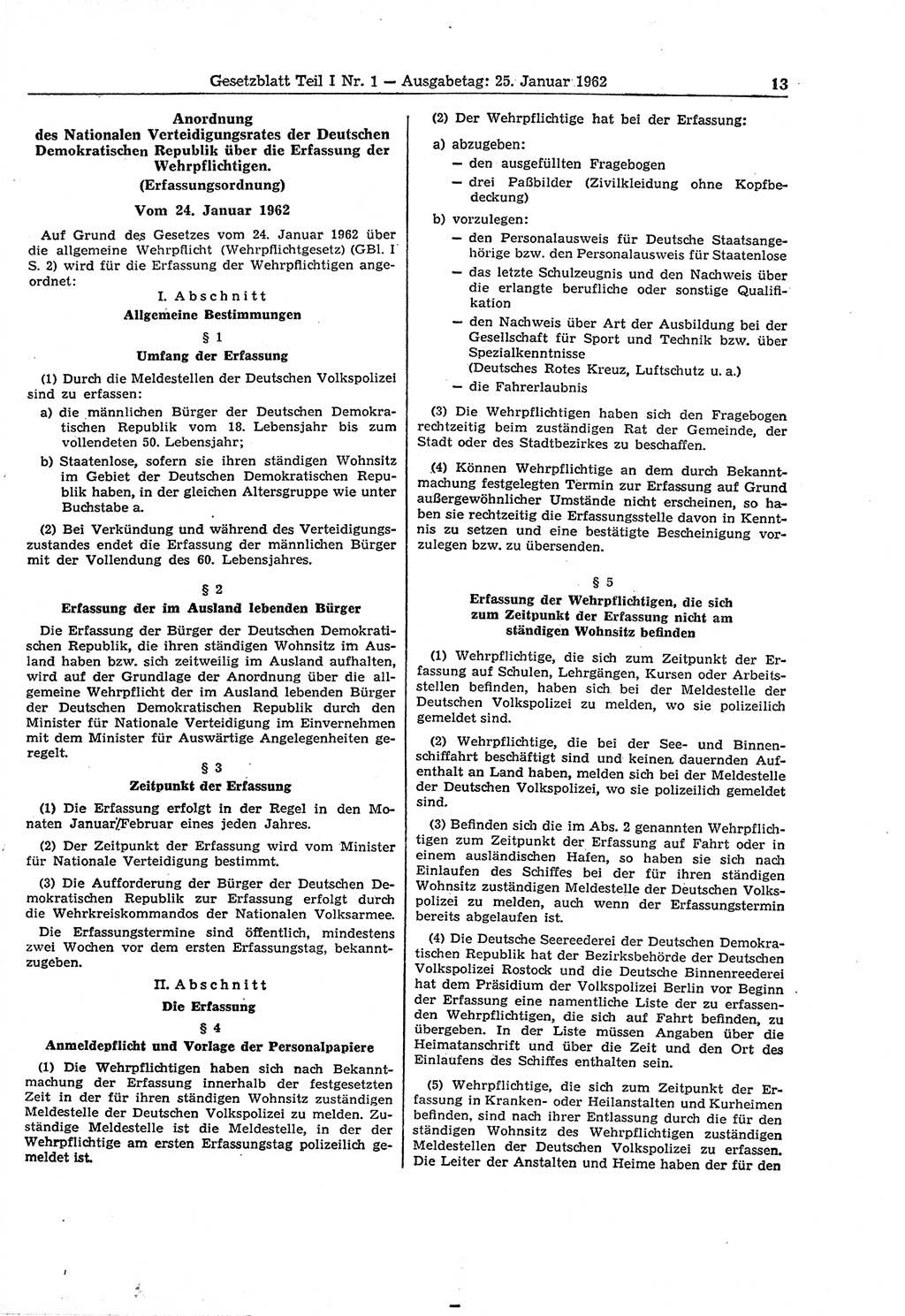Gesetzblatt (GBl.) der Deutschen Demokratischen Republik (DDR) Teil Ⅰ 1962, Seite 13 (GBl. DDR Ⅰ 1962, S. 13)