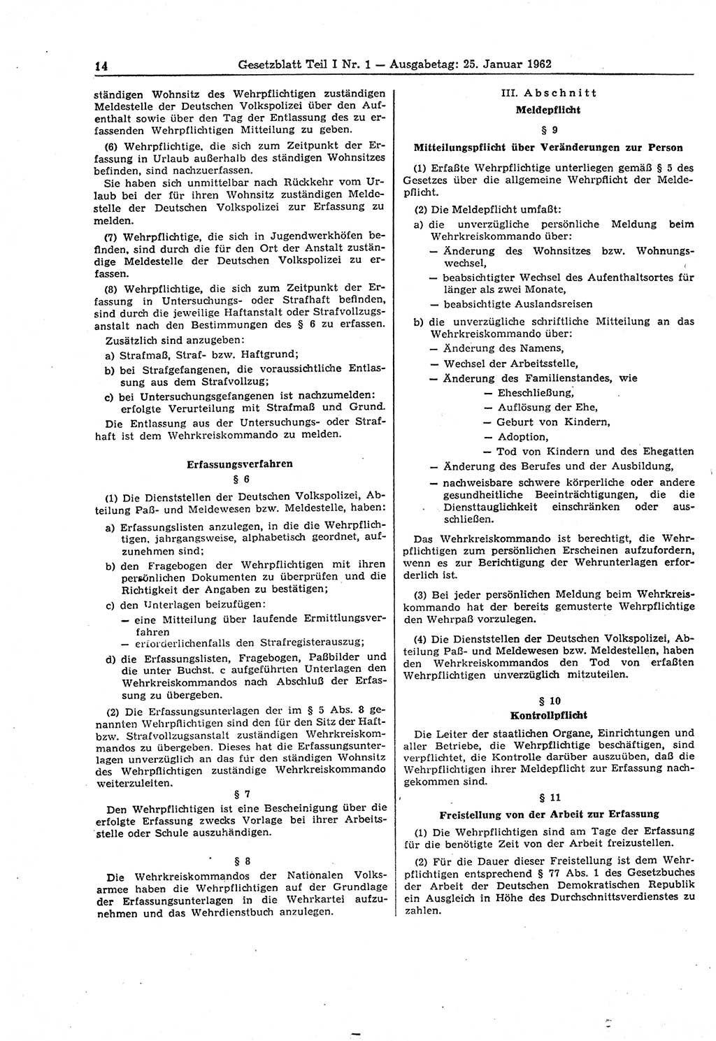 Gesetzblatt (GBl.) der Deutschen Demokratischen Republik (DDR) Teil Ⅰ 1962, Seite 14 (GBl. DDR Ⅰ 1962, S. 14)