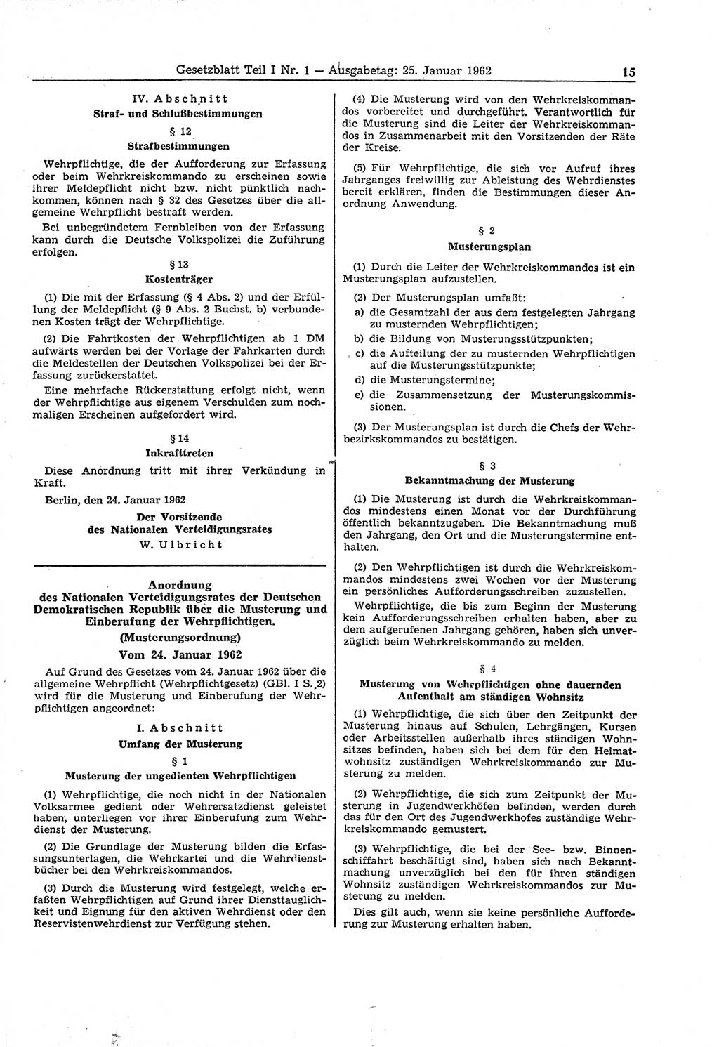 Gesetzblatt (GBl.) der Deutschen Demokratischen Republik (DDR) Teil â… 1962, Seite 15 (GBl. DDR â… 1962, S. 15)