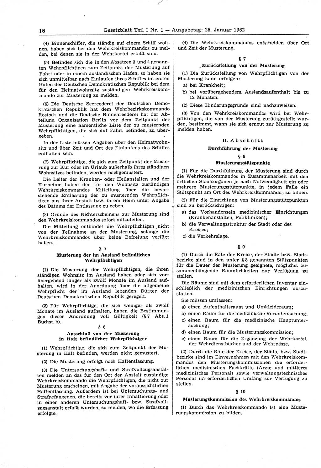 Gesetzblatt (GBl.) der Deutschen Demokratischen Republik (DDR) Teil Ⅰ 1962, Seite 16 (GBl. DDR Ⅰ 1962, S. 16)