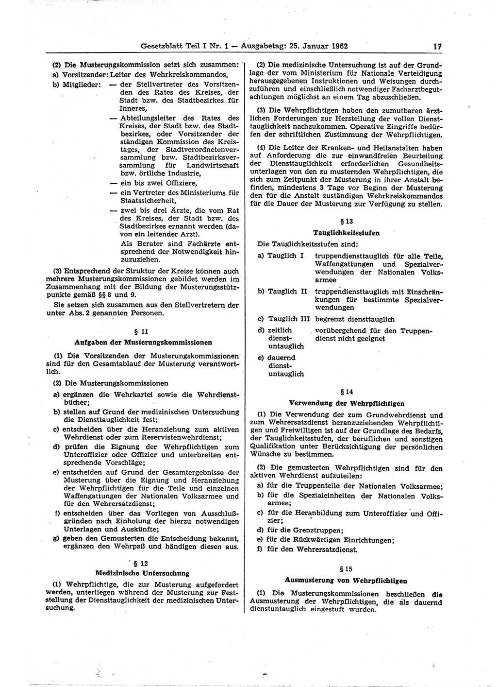 Gesetzblatt (GBl.) der Deutschen Demokratischen Republik (DDR) Teil Ⅰ 1962, Seite 17 (GBl. DDR Ⅰ 1962, S. 17)
