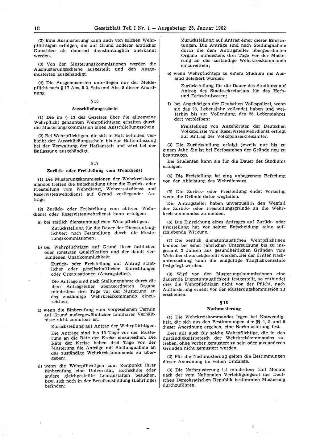 Gesetzblatt (GBl.) der Deutschen Demokratischen Republik (DDR) Teil Ⅰ 1962, Seite 18 (GBl. DDR Ⅰ 1962, S. 18)