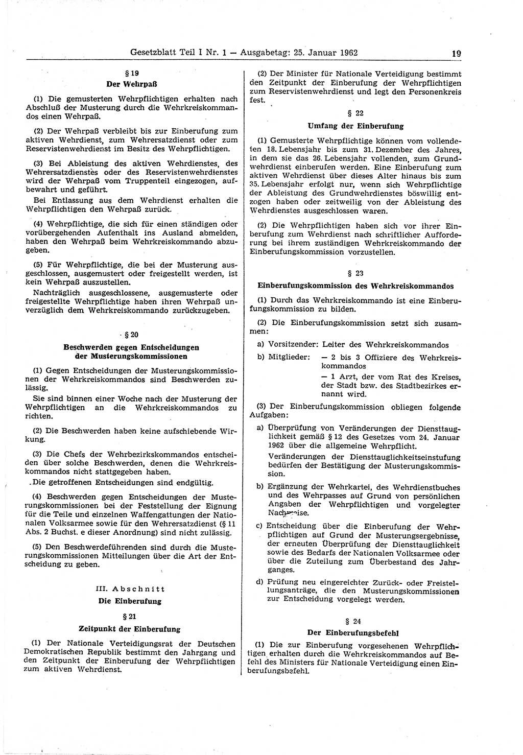 Gesetzblatt (GBl.) der Deutschen Demokratischen Republik (DDR) Teil Ⅰ 1962, Seite 19 (GBl. DDR Ⅰ 1962, S. 19)