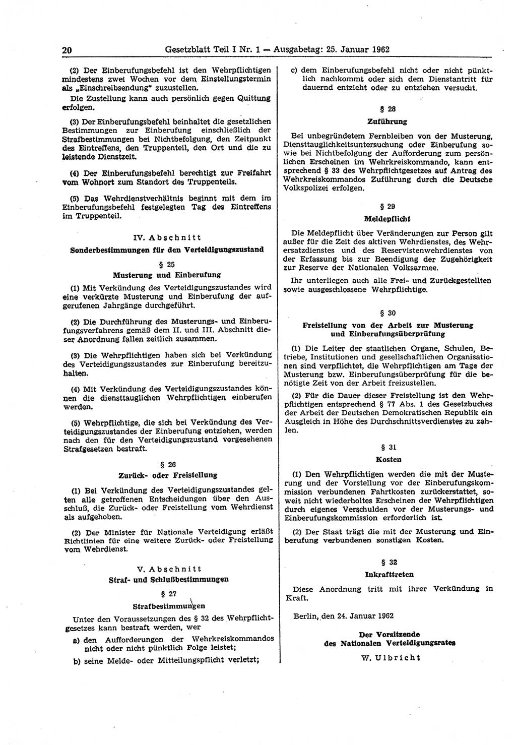 Gesetzblatt (GBl.) der Deutschen Demokratischen Republik (DDR) Teil Ⅰ 1962, Seite 20 (GBl. DDR Ⅰ 1962, S. 20)