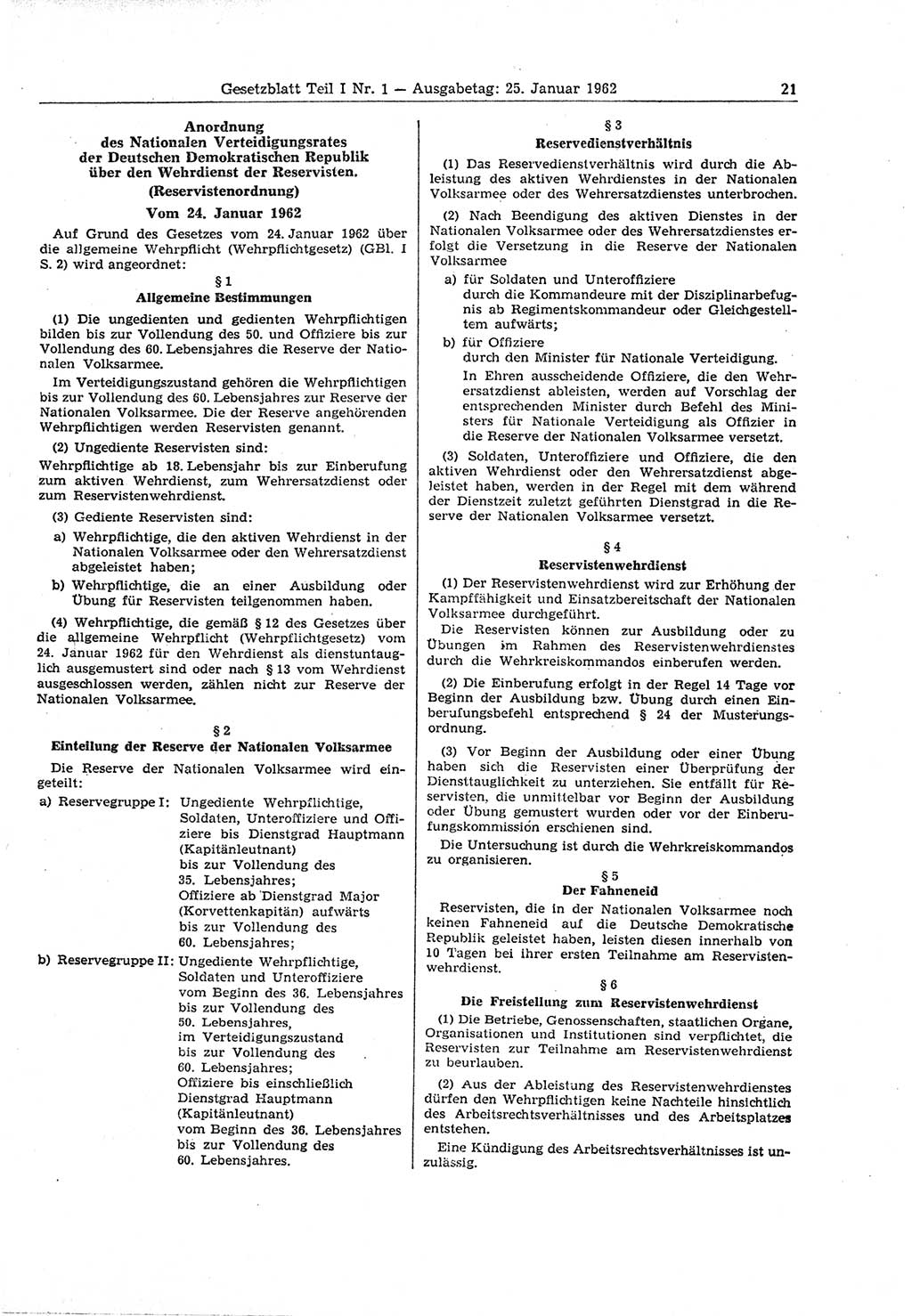 Gesetzblatt (GBl.) der Deutschen Demokratischen Republik (DDR) Teil Ⅰ 1962, Seite 21 (GBl. DDR Ⅰ 1962, S. 21)