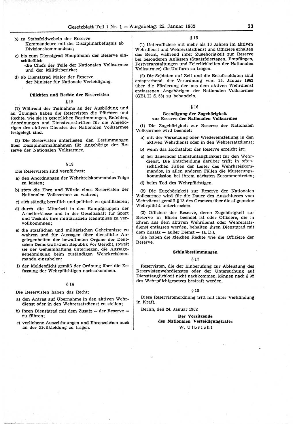 Gesetzblatt (GBl.) der Deutschen Demokratischen Republik (DDR) Teil Ⅰ 1962, Seite 23 (GBl. DDR Ⅰ 1962, S. 23)