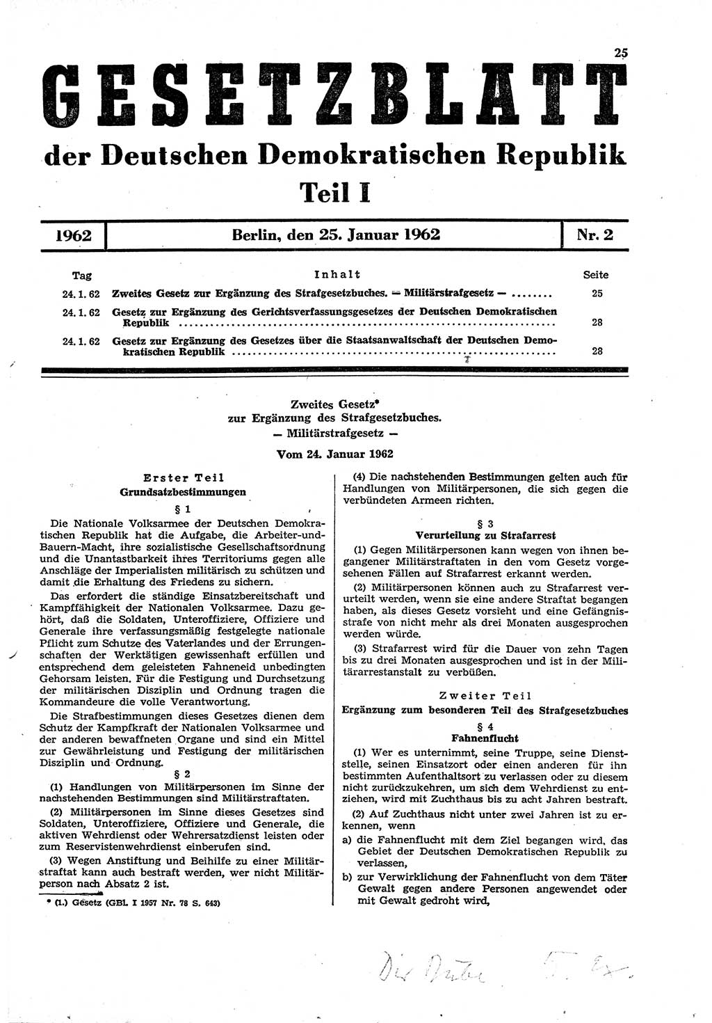 Gesetzblatt (GBl.) der Deutschen Demokratischen Republik (DDR) Teil Ⅰ 1962, Seite 25 (GBl. DDR Ⅰ 1962, S. 25)