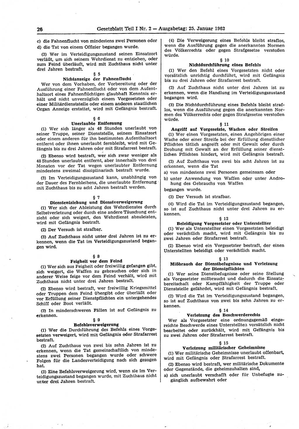 Gesetzblatt (GBl.) der Deutschen Demokratischen Republik (DDR) Teil Ⅰ 1962, Seite 26 (GBl. DDR Ⅰ 1962, S. 26)