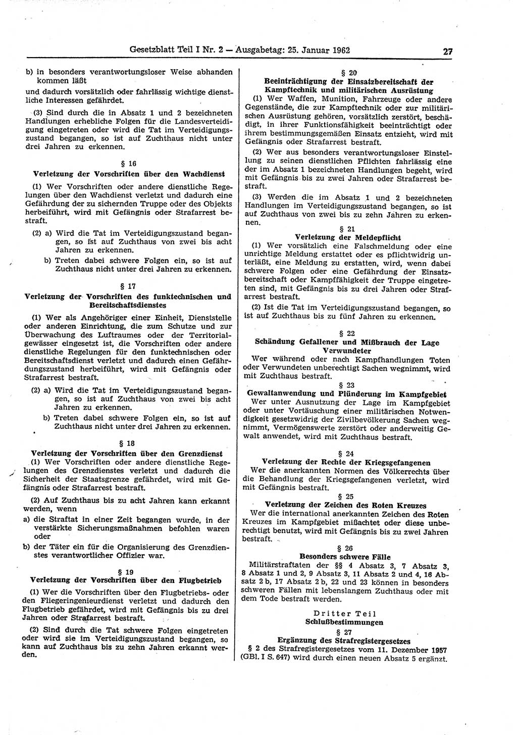 Gesetzblatt (GBl.) der Deutschen Demokratischen Republik (DDR) Teil Ⅰ 1962, Seite 27 (GBl. DDR Ⅰ 1962, S. 27)