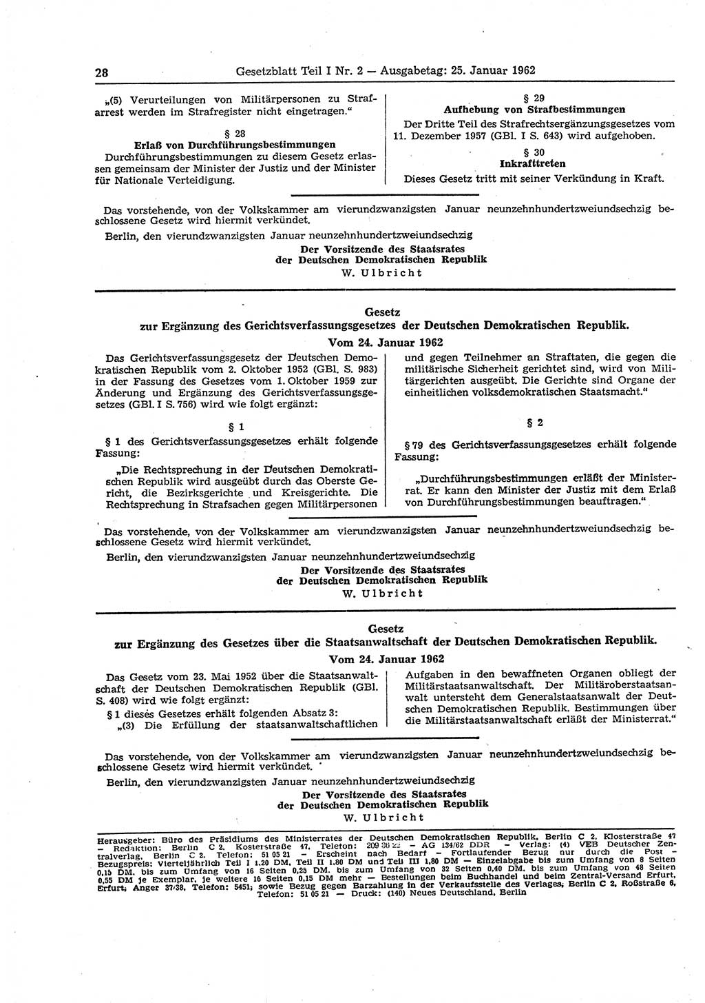 Gesetzblatt (GBl.) der Deutschen Demokratischen Republik (DDR) Teil Ⅰ 1962, Seite 28 (GBl. DDR Ⅰ 1962, S. 28)