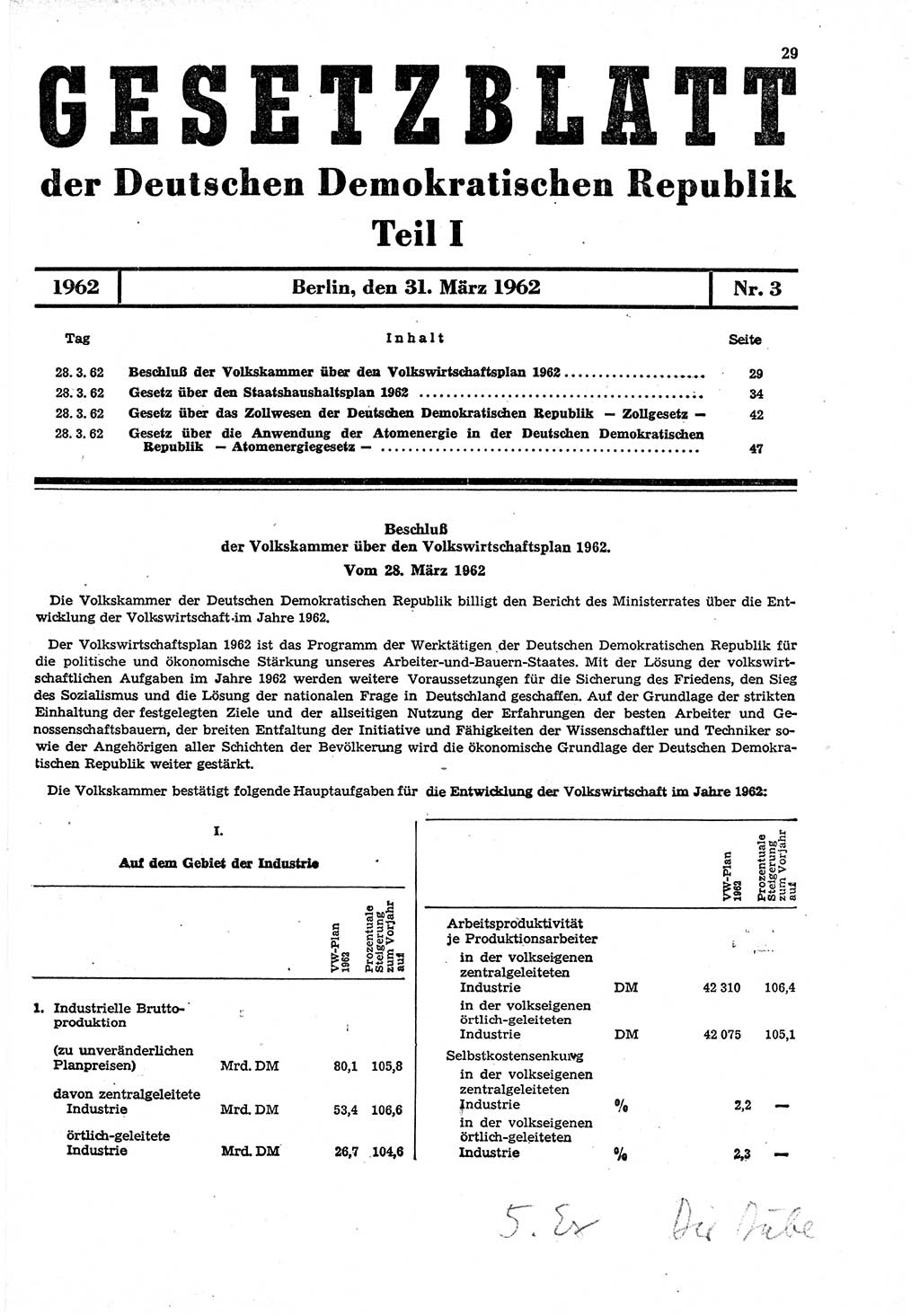 Gesetzblatt (GBl.) der Deutschen Demokratischen Republik (DDR) Teil Ⅰ 1962, Seite 29 (GBl. DDR Ⅰ 1962, S. 29)