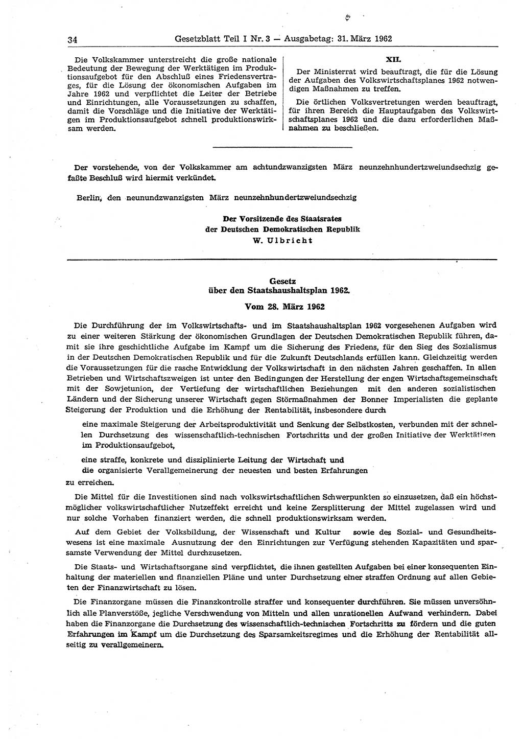 Gesetzblatt (GBl.) der Deutschen Demokratischen Republik (DDR) Teil Ⅰ 1962, Seite 34 (GBl. DDR Ⅰ 1962, S. 34)