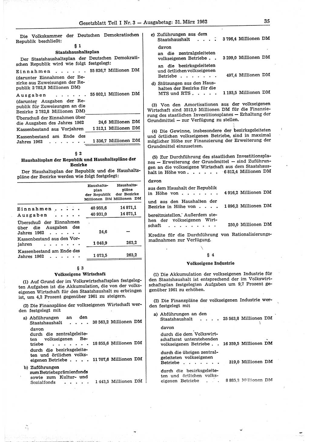 Gesetzblatt (GBl.) der Deutschen Demokratischen Republik (DDR) Teil Ⅰ 1962, Seite 35 (GBl. DDR Ⅰ 1962, S. 35)