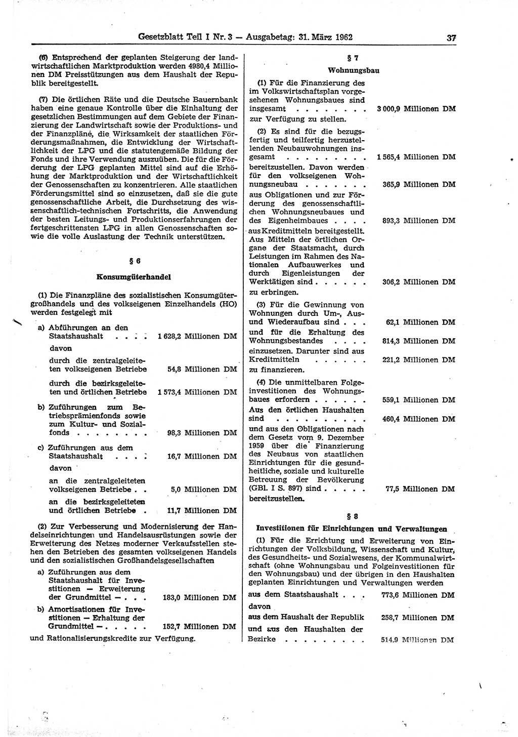Gesetzblatt (GBl.) der Deutschen Demokratischen Republik (DDR) Teil Ⅰ 1962, Seite 37 (GBl. DDR Ⅰ 1962, S. 37)