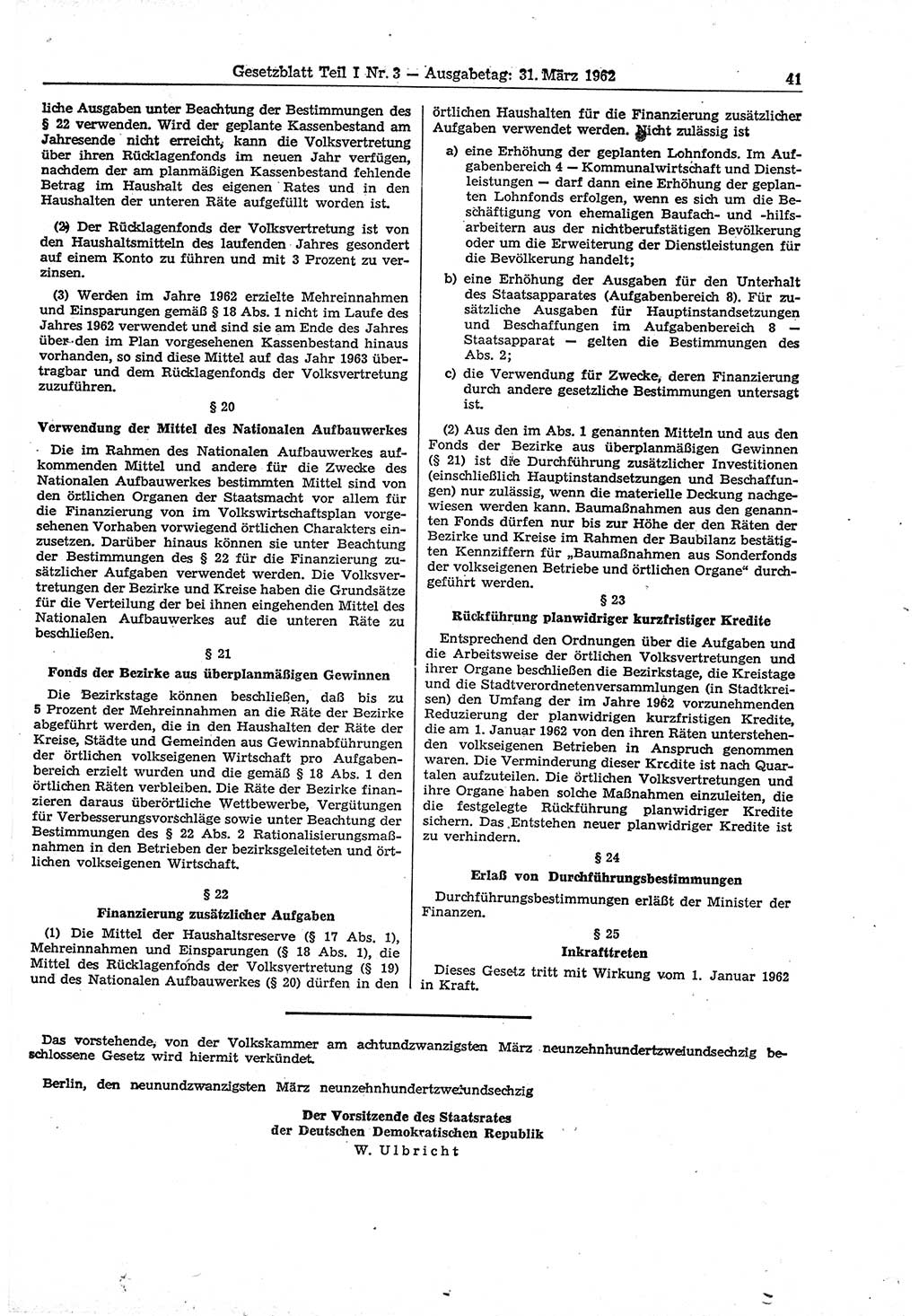 Gesetzblatt (GBl.) der Deutschen Demokratischen Republik (DDR) Teil Ⅰ 1962, Seite 41 (GBl. DDR Ⅰ 1962, S. 41)