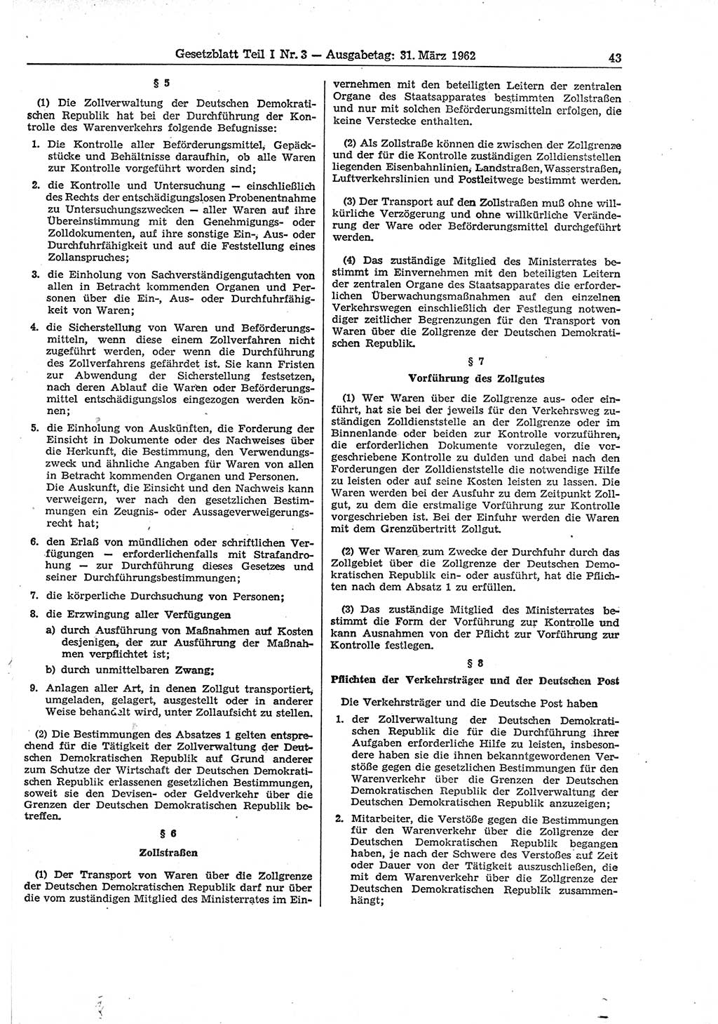 Gesetzblatt (GBl.) der Deutschen Demokratischen Republik (DDR) Teil Ⅰ 1962, Seite 43 (GBl. DDR Ⅰ 1962, S. 43)