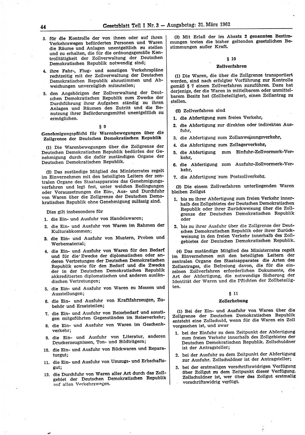 Gesetzblatt (GBl.) der Deutschen Demokratischen Republik (DDR) Teil Ⅰ 1962, Seite 44 (GBl. DDR Ⅰ 1962, S. 44)