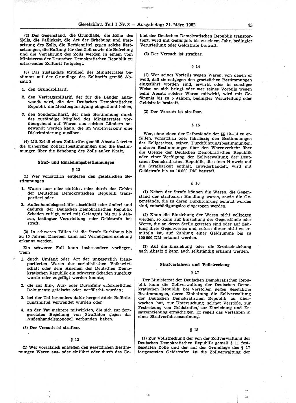 Gesetzblatt (GBl.) der Deutschen Demokratischen Republik (DDR) Teil Ⅰ 1962, Seite 45 (GBl. DDR Ⅰ 1962, S. 45)