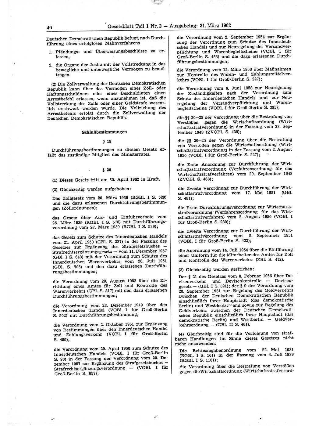 Gesetzblatt (GBl.) der Deutschen Demokratischen Republik (DDR) Teil Ⅰ 1962, Seite 46 (GBl. DDR Ⅰ 1962, S. 46)