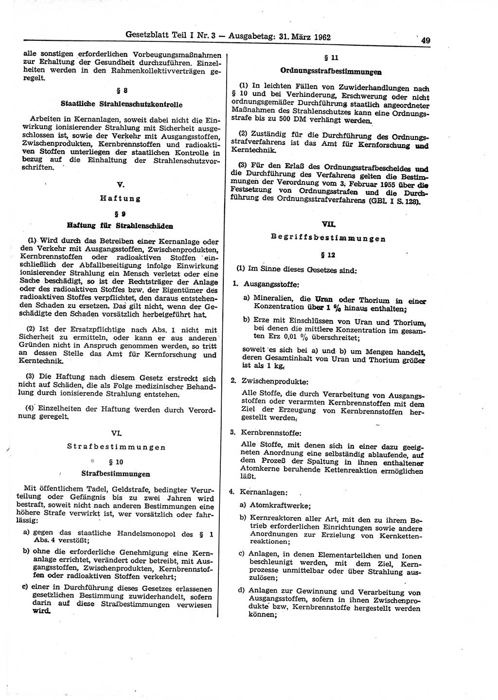 Gesetzblatt (GBl.) der Deutschen Demokratischen Republik (DDR) Teil Ⅰ 1962, Seite 49 (GBl. DDR Ⅰ 1962, S. 49)