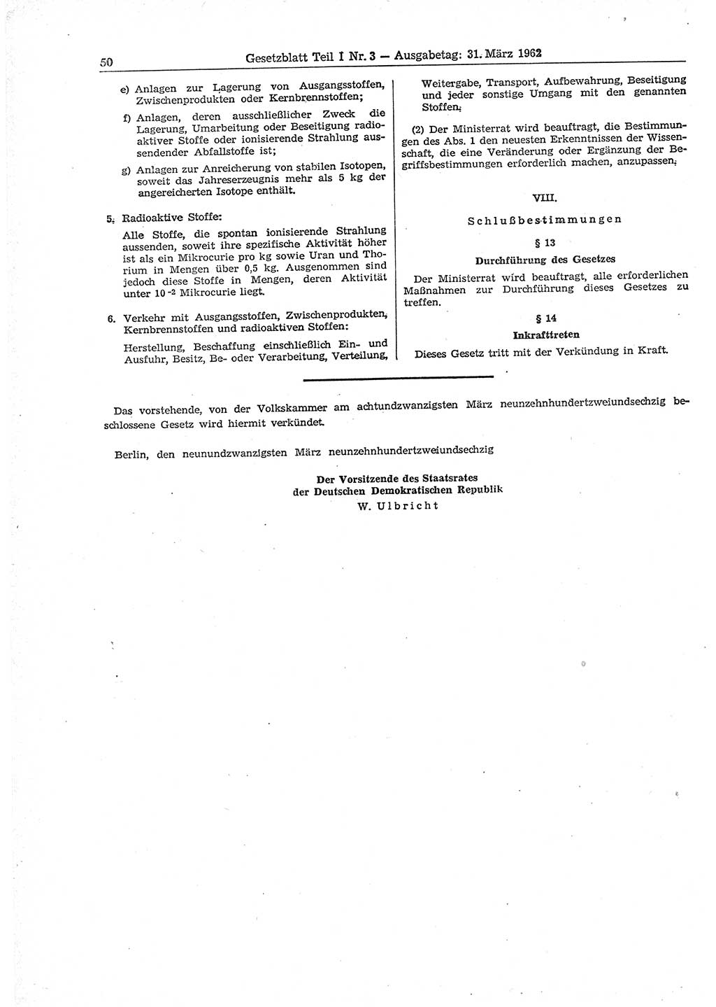 Gesetzblatt (GBl.) der Deutschen Demokratischen Republik (DDR) Teil Ⅰ 1962, Seite 50 (GBl. DDR Ⅰ 1962, S. 50)