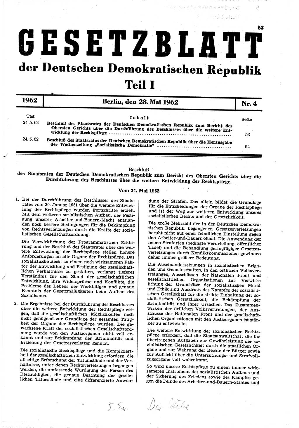 Gesetzblatt (GBl.) der Deutschen Demokratischen Republik (DDR) Teil Ⅰ 1962, Seite 53 (GBl. DDR Ⅰ 1962, S. 53)