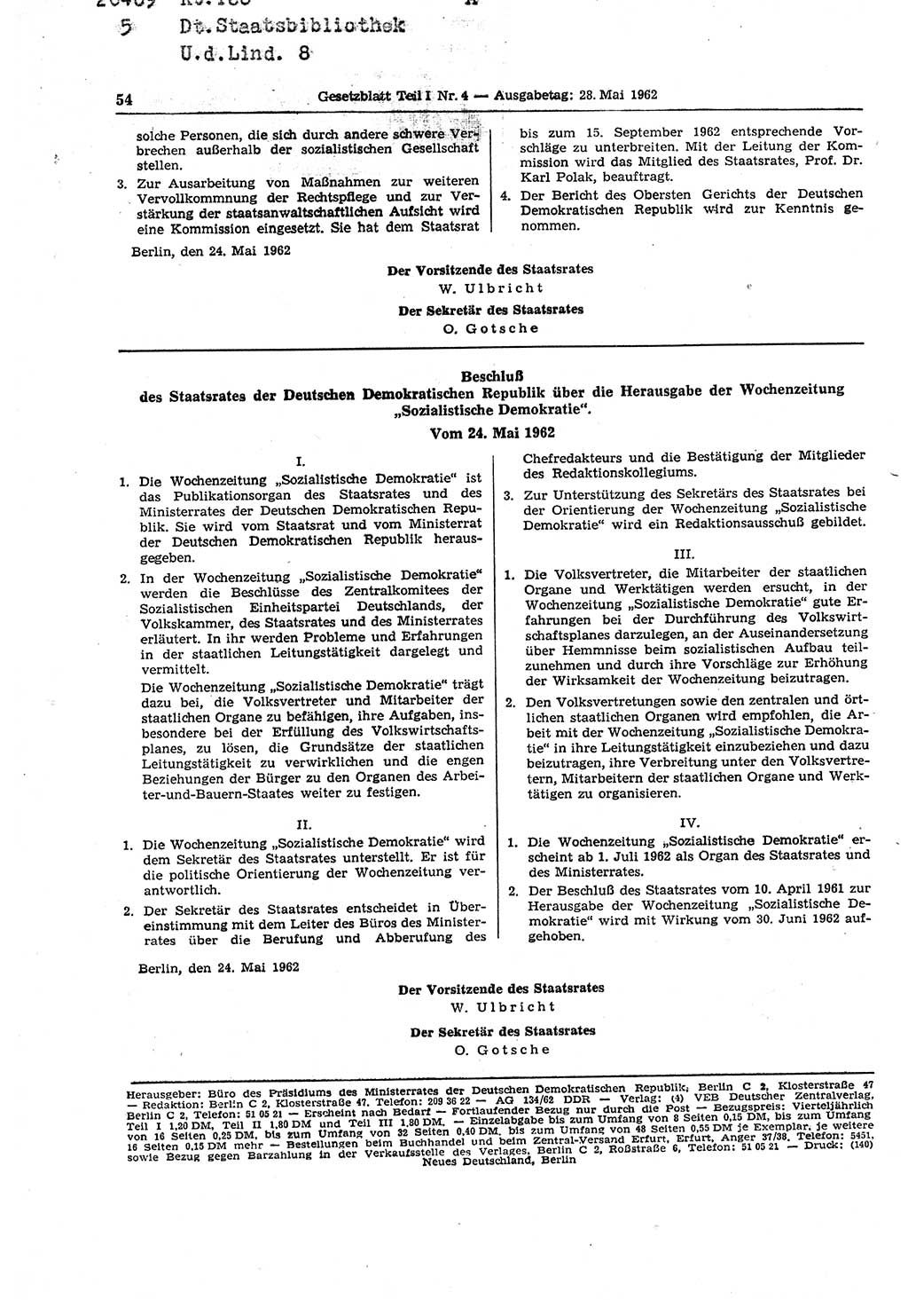 Gesetzblatt (GBl.) der Deutschen Demokratischen Republik (DDR) Teil â… 1962, Seite 54 (GBl. DDR â… 1962, S. 54)