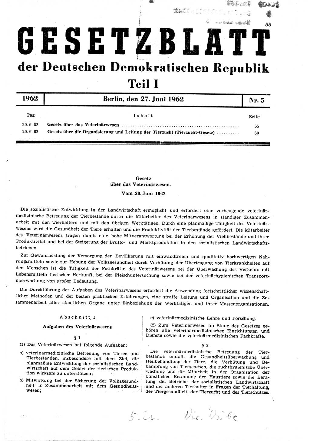 Gesetzblatt (GBl.) der Deutschen Demokratischen Republik (DDR) Teil Ⅰ 1962, Seite 55 (GBl. DDR Ⅰ 1962, S. 55)